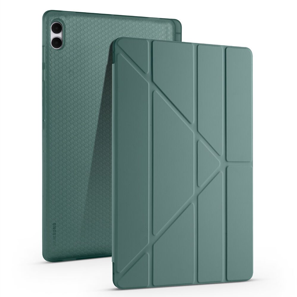 Samsung Galaxy Tab S11 Ultra Uyumlu Kılıf Tri Folding Kalem Bölmeli Standlı Kılıf Koyu Yeşil
