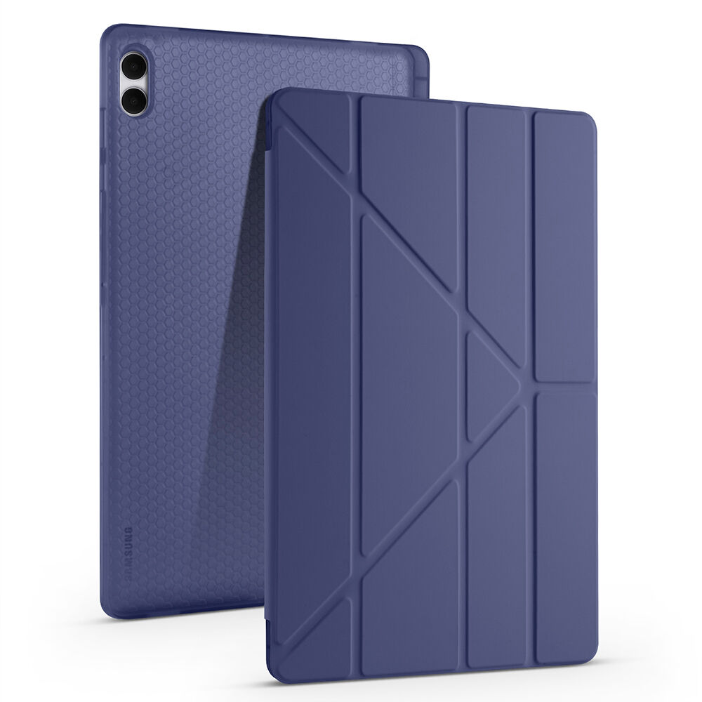 Samsung Galaxy Tab S11 Ultra Uyumlu Kılıf Tri Folding Kalem Bölmeli Standlı Kılıf Lacivert