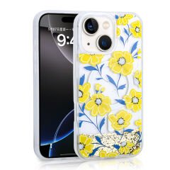 iPhone 15 Kılıf Sıvılı Simli Baskılı Şeffaf Arka Yüzey Mossa Silikon Kapak