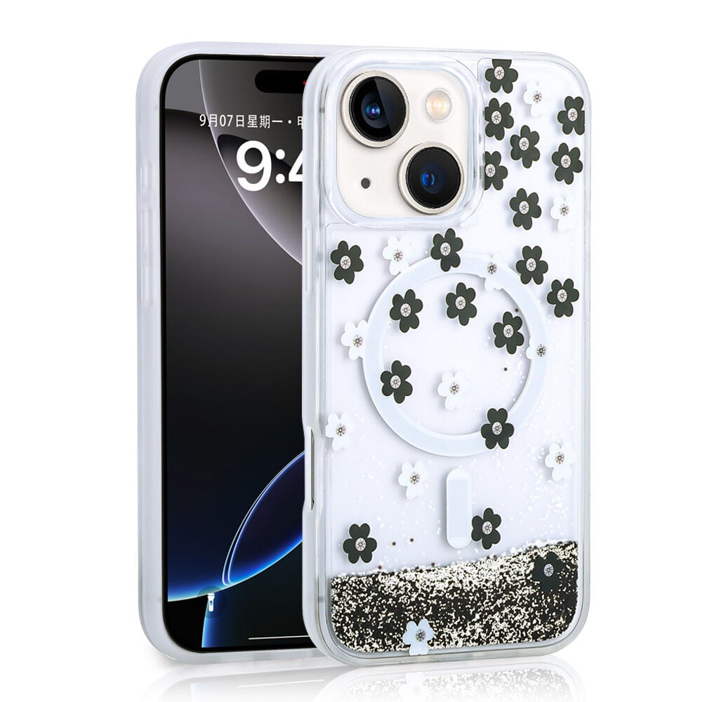 iPhone 15 Kılıf Sıvılı Simli Baskılı Şeffaf Arka Yüzey Mossa Silikon Kapak Siyah