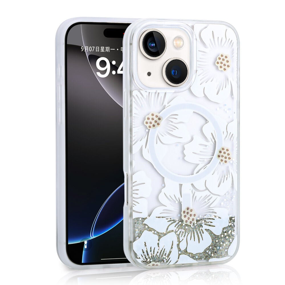 iPhone 15 Kılıf Sıvılı Simli Baskılı Şeffaf Arka Yüzey Mossa Silikon Kapak Gri