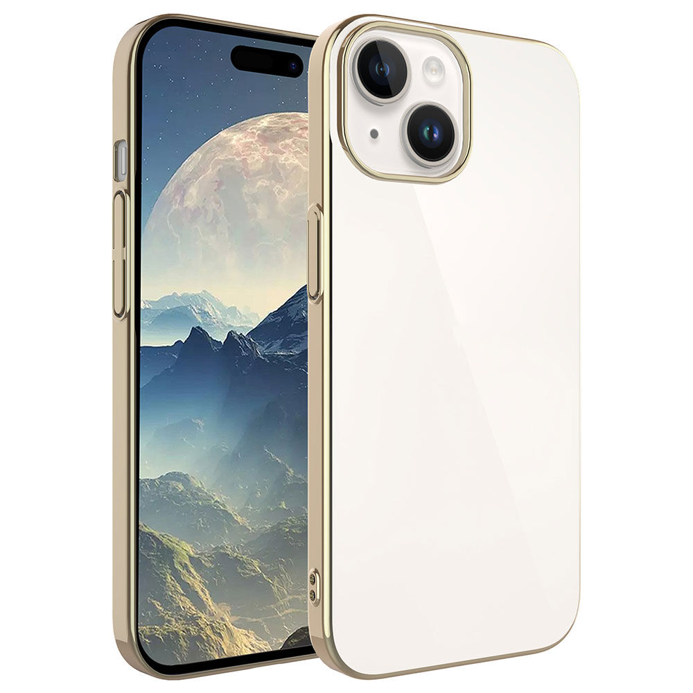 iPhone 15 Kılıf Sert PC Renkli Çerçeveli Riksos Kapak Gold