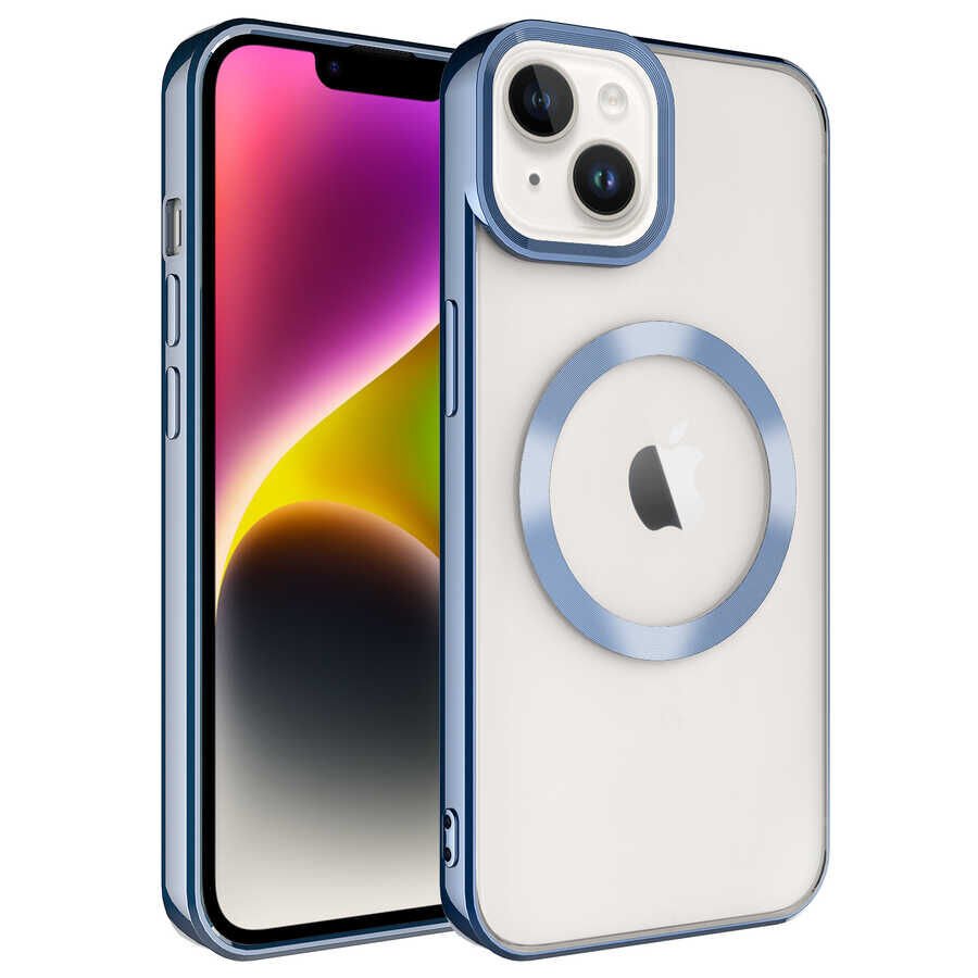 iPhone 14 Kılıf Magsafe Wireless Şarj Özellikli Setro Silikon Mavi