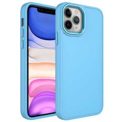 iPhone 12 Pro Max Kılıf Metal Çerçeve ve Buton Tasarımlı Silikon Luna Kapak Sierra Mavi