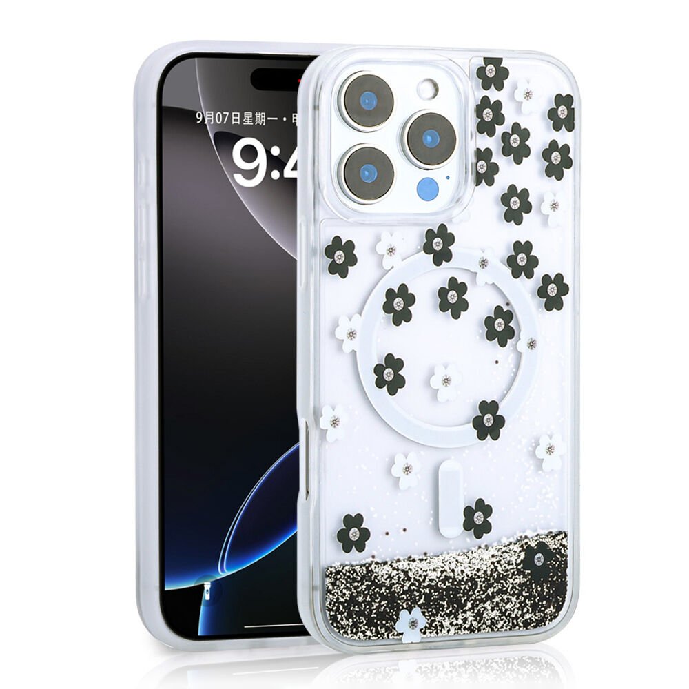 iPhone 15 Pro Max Kılıf Sıvılı Simli Baskılı Şeffaf Arka Yüzey Mossa Silikon Kapak Siyah
