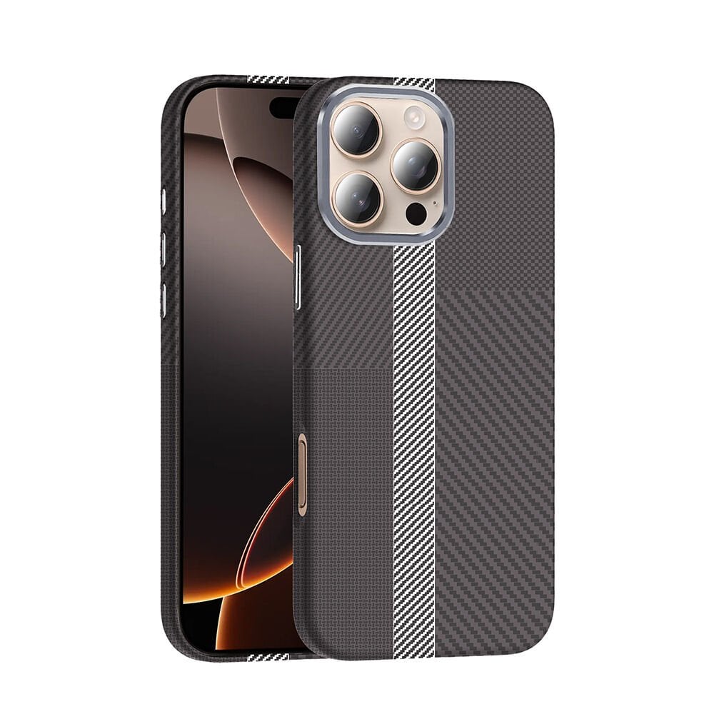 iPhone 16 Pro Kılıf Kablosuz Şarj Özellikli Karbon Fiber Görünümlü Gros Kapak