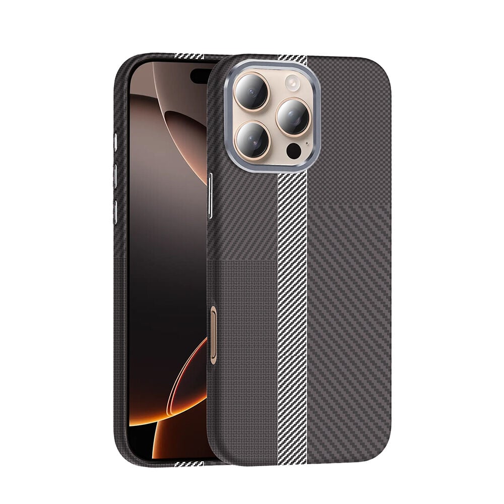 iPhone 16 Pro Kılıf Kablosuz Şarj Özellikli Karbon Fiber Görünümlü Gros Kapak