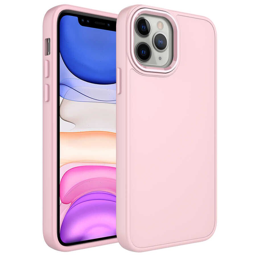 iPhone 12 Pro Max Kılıf Metal Çerçeve ve Buton Tasarımlı Silikon Luna Kapak Pembe