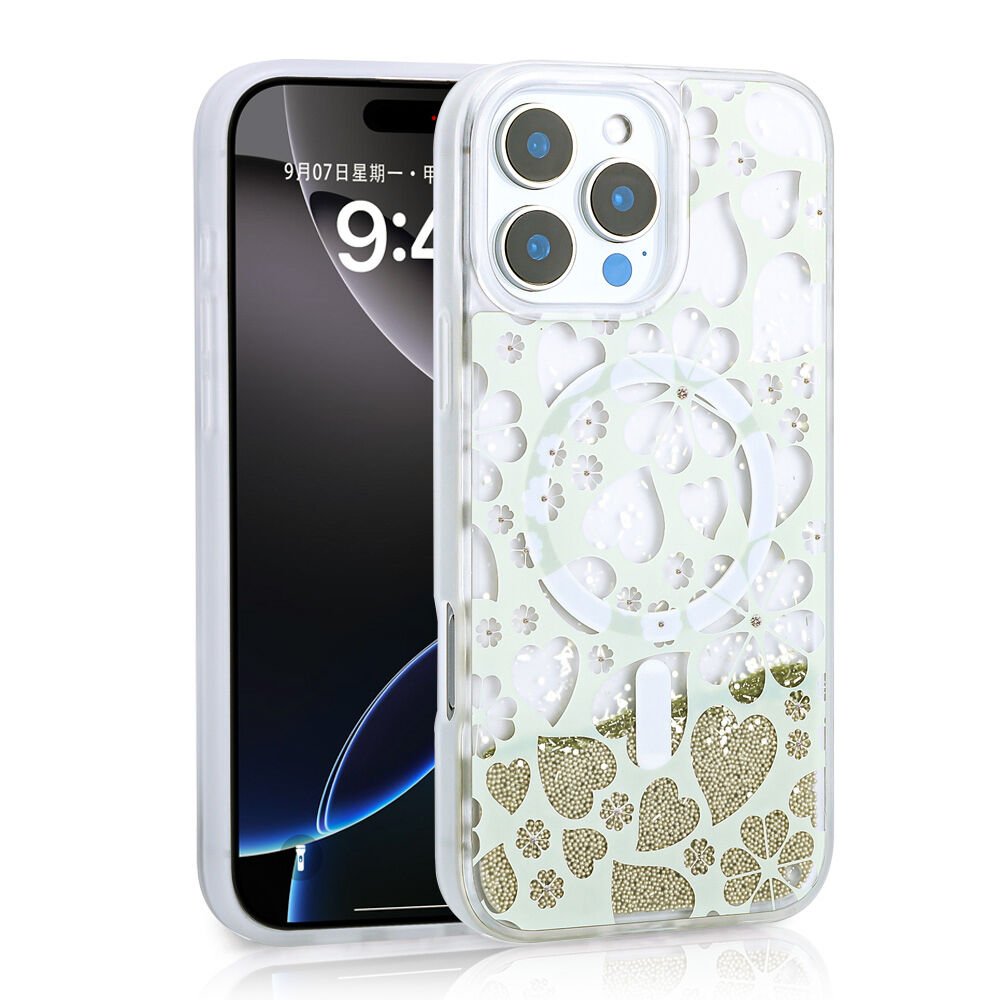 iPhone 15 Pro Max Kılıf Sıvılı Simli Baskılı Şeffaf Arka Yüzey Mossa Silikon Kapak Gold