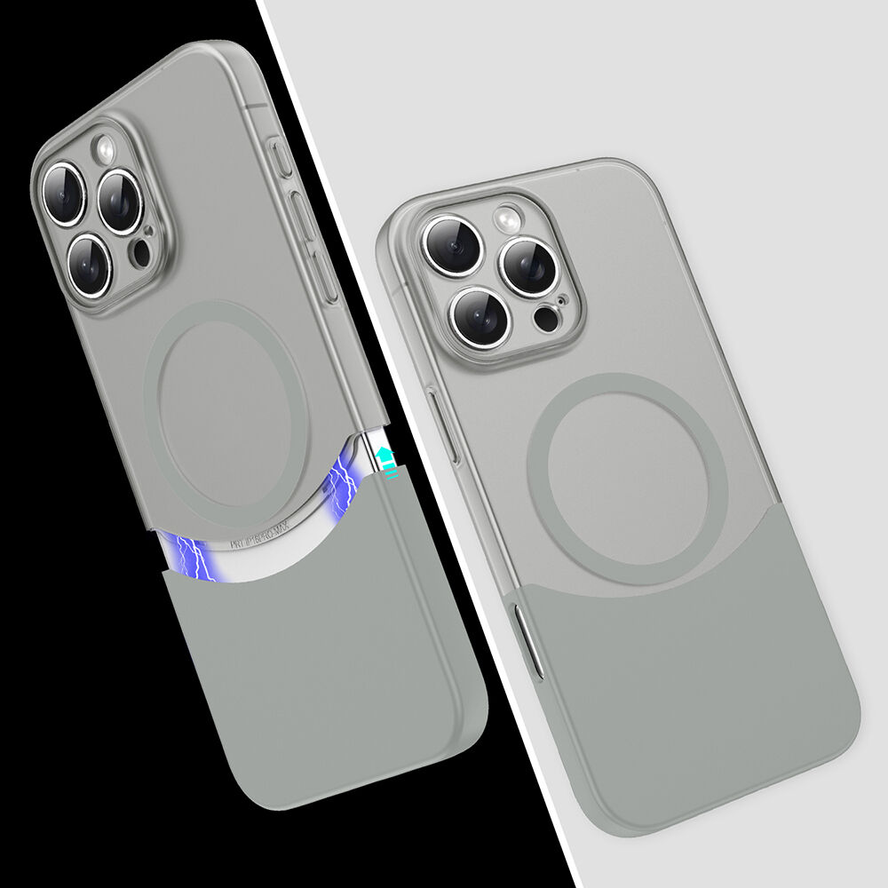 iPhone 16 Pro Kablosuz Şarj Destekli Kılıf Mıknatıslı Duble Kapak Gri