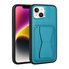 iPhone 14 Plus Kılıf Kartlıklı Standlı ​Pu Deri Memo Kapak Mavi