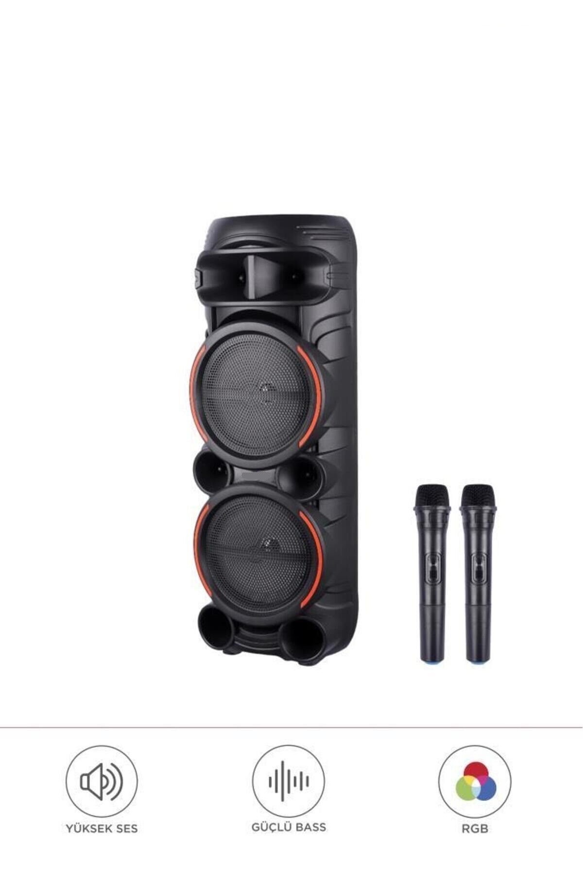 2058 Çift Kablosuz Mikrofonlu RGB Ledli Taşınabilir Bluetooth Hoparlör Parti Speaker FM / USB / TF