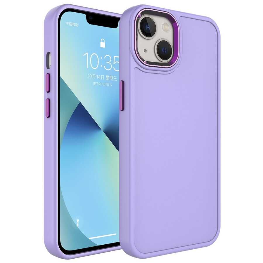 iPhone 14 Plus Kılıf Metal Çerçeve ve Buton Tasarımlı Sert Botox Kapak Lila