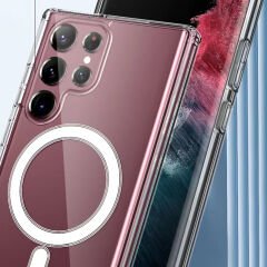 Samsung Galaxy S22 Ultra Kılıf Magsafe Şarj Özellikli Şeffaf Sert PC Embos Kapak