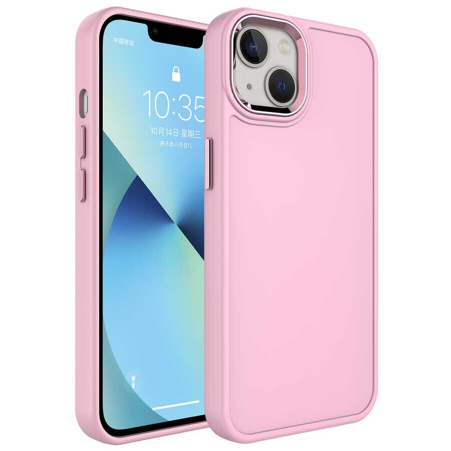 iPhone 14 Plus Kılıf Metal Çerçeve ve Buton Tasarımlı Sert Botox Kapak Pembe Açık