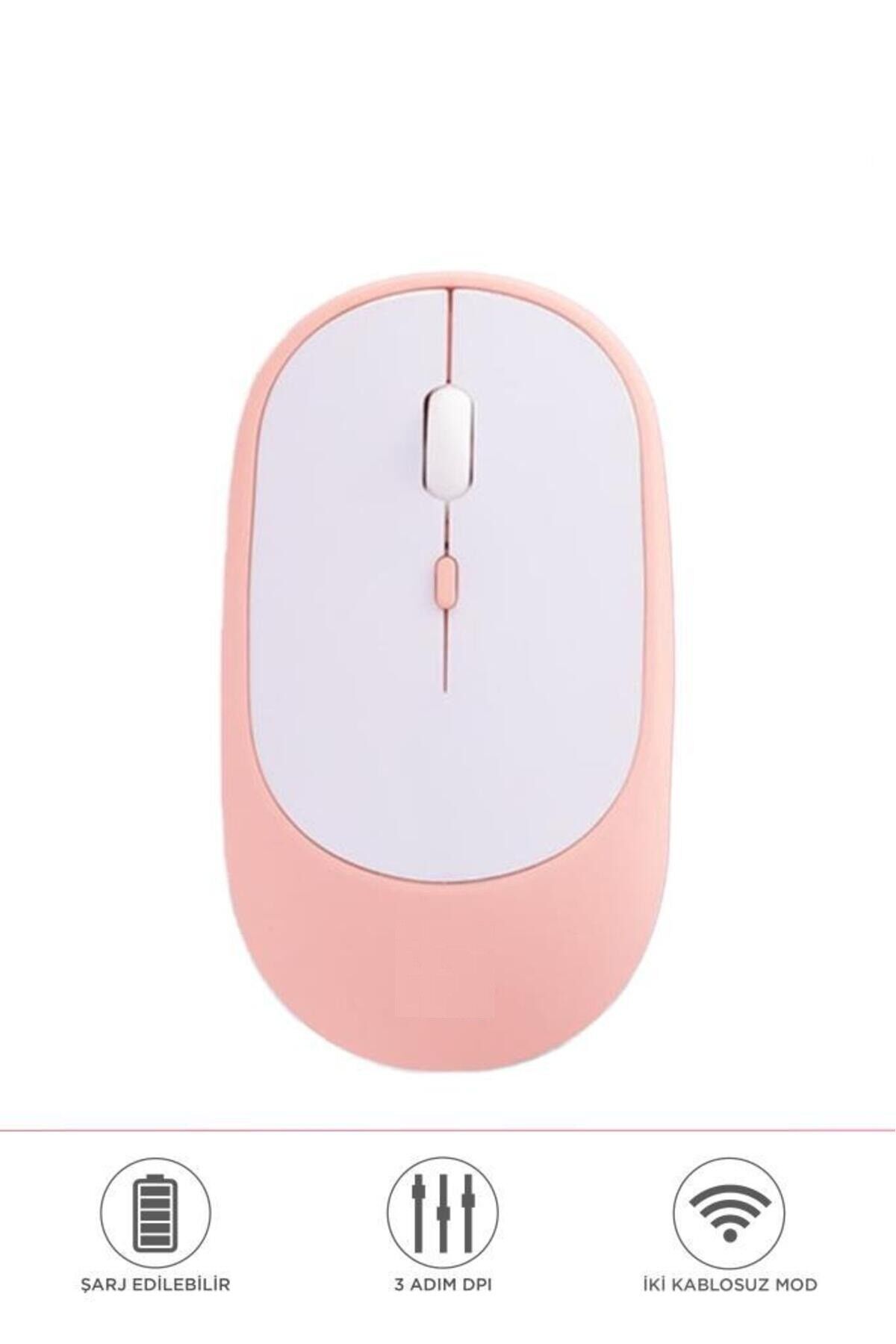 Mouse Usb Ve Bluetooth Bağlanti Çift Modlu Şarjli Sessiz Kablosuz Fare TM16 Pembe