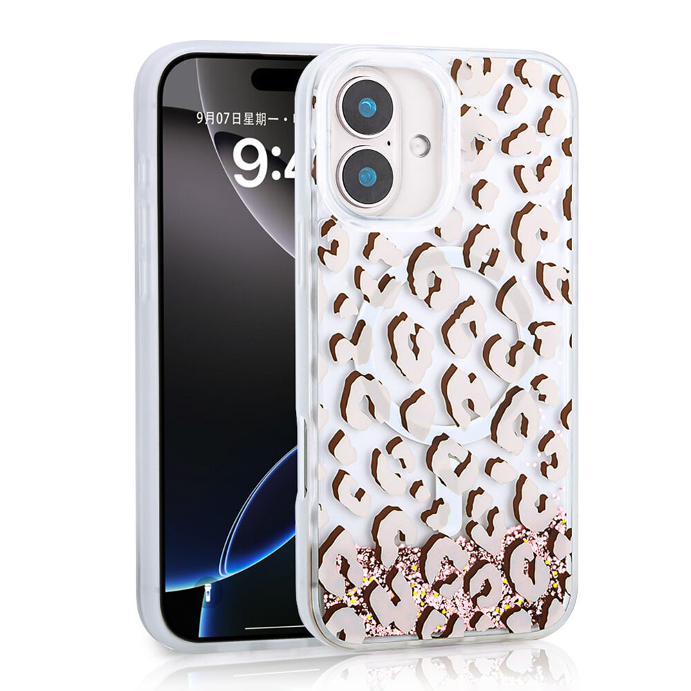 iPhone 16 Kılıf Sıvılı Simli Baskılı Şeffaf Arka Yüzey Mossa Silikon Kapak Pembe