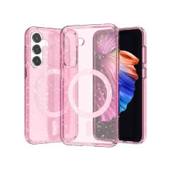Samsung Galaxy S23 FE Kılıf Magsafe Şarj Özellikli Parlayan Simli Saydam Renkli Allstar Kapak Pembe