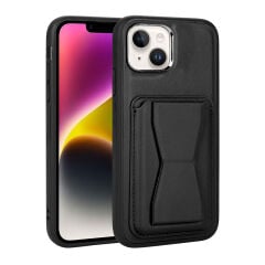 iPhone 14 Plus Kılıf Kartlıklı Standlı ​Pu Deri Memo Kapak Siyah