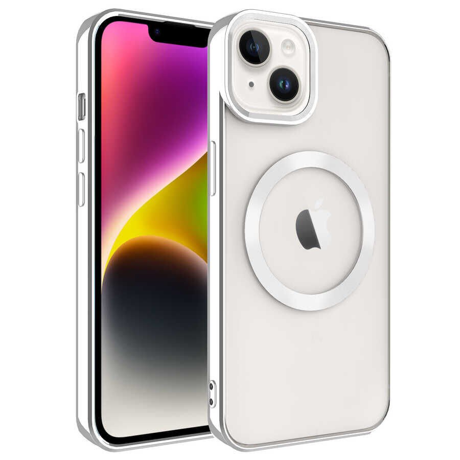 iPhone 14 Plus Kılıf Magsafe Wireless Şarj Özellikli Setro Silikon Gümüş