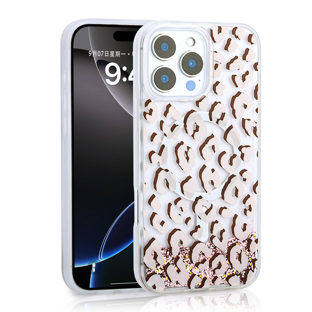 iPhone 16 Pro Kılıf Sıvılı Simli Baskılı Şeffaf Arka Yüzey Mossa Silikon Kapak Pembe