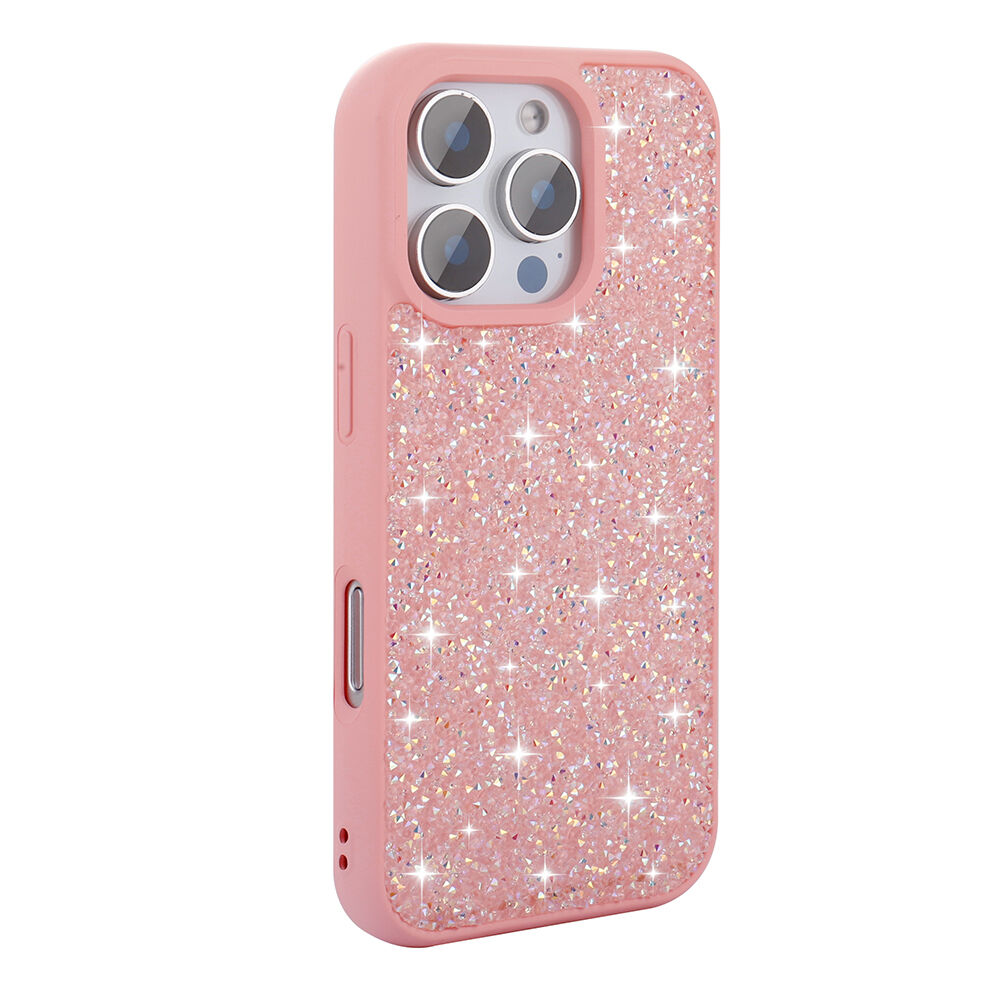 iPhone 16 Pro Kılıf Parlak Taşlı Tasarım Pırlanta Kapak Pembe
