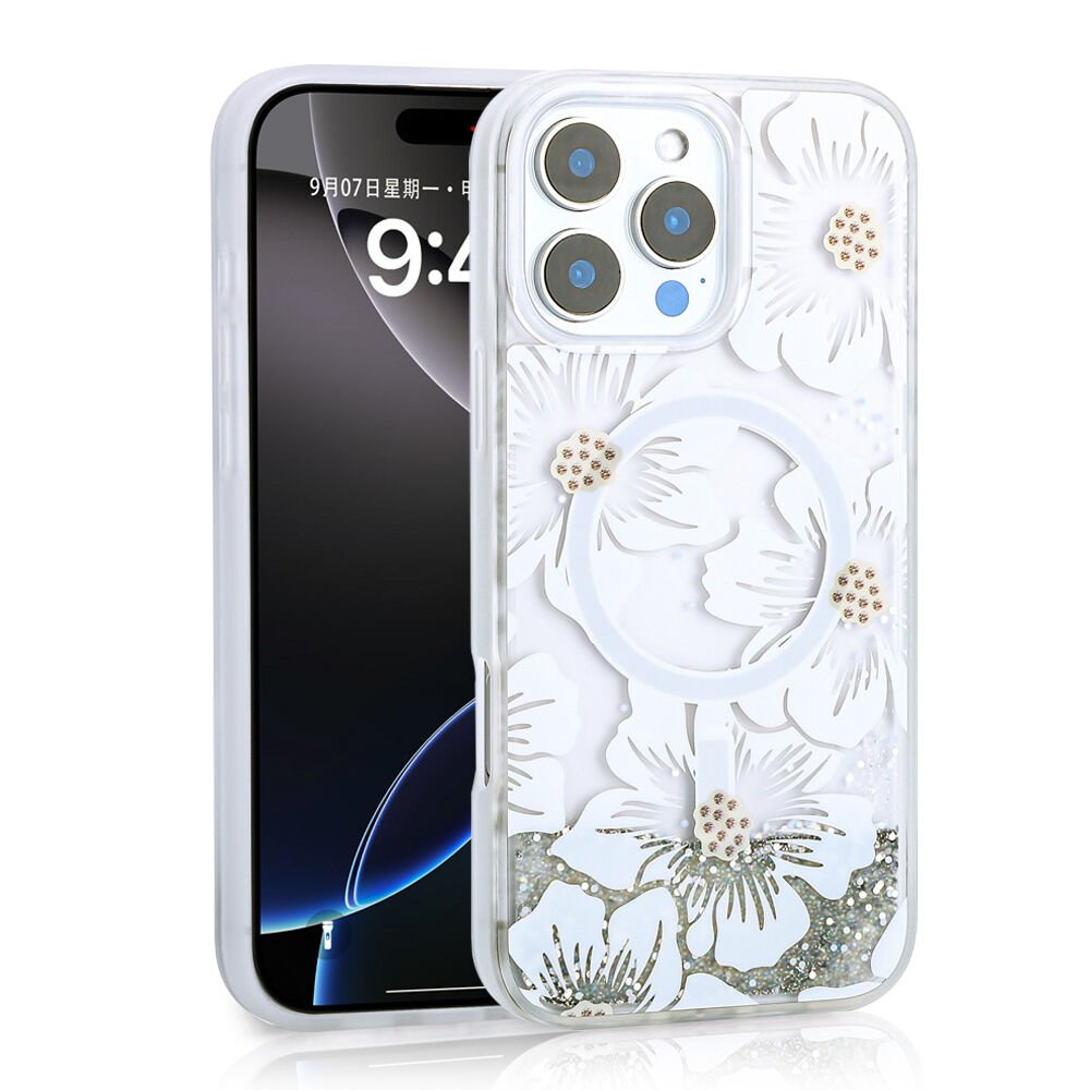 iPhone 16 Pro Kılıf Sıvılı Simli Baskılı Şeffaf Arka Yüzey Mossa Silikon Kapak Gri