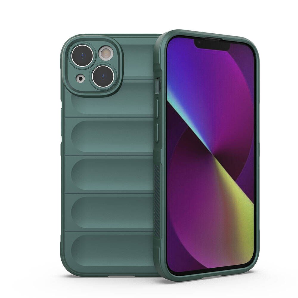 iPhone 14 Kılıf Esnek TPU Oyuklu Arka Yüzey Tasarımlı Etnik Silikon Kapak Koyu Yeşil