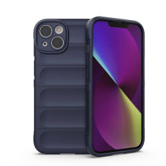 iPhone 14 Kılıf Esnek TPU Oyuklu Arka Yüzey Tasarımlı Etnik Silikon Kapak Lacivert