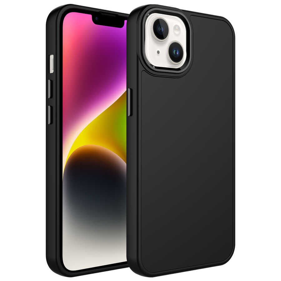iPhone 14 Plus Kılıf Metal Çerçeve ve Buton Tasarımlı Silikon Luna Kapak Siyah