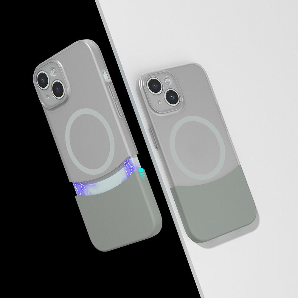 iPhone 15 Kablosuz Şarj Destekli Kılıf Mıknatıslı Duble Kapak Gri
