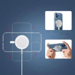 iPhone 14 Plus Kılıf Magsafe Şarj Özellikli Şeffaf Sert PC Embos Kapak