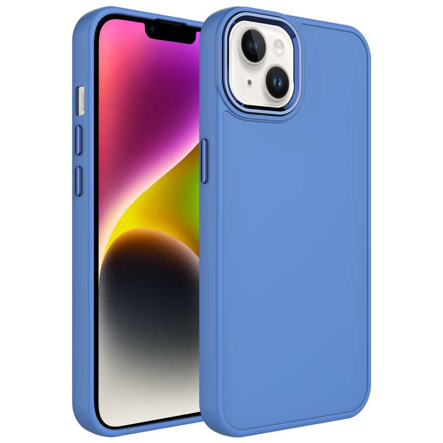 iPhone 14 Plus Kılıf Metal Çerçeve ve Buton Tasarımlı Silikon Luna Kapak Lavendery Gray