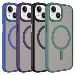 iPhone 15 Kılıf Mat Arka Yüzey Wireless Şarj Özellikli Flet Magsafe Kapak Mavi