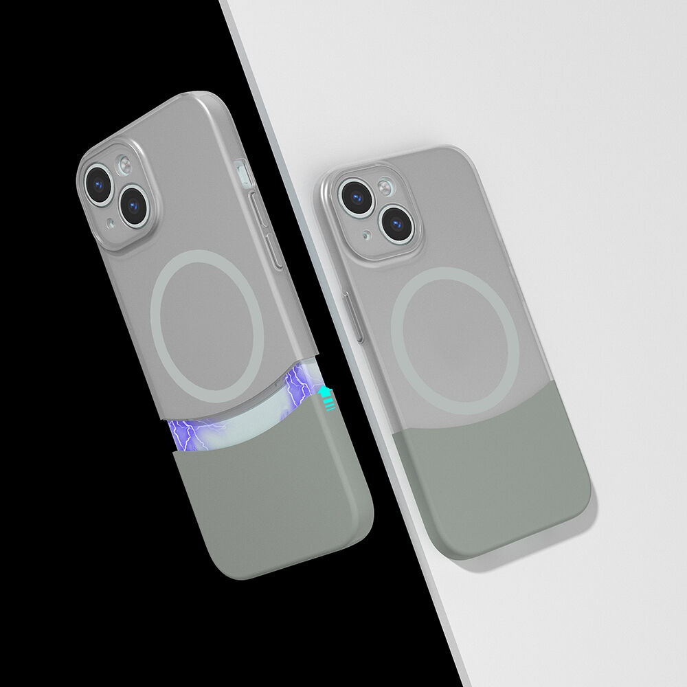 iPhone 14 Kablosuz Şarj Destekli Kılıf Mıknatıslı Duble Kapak Gri