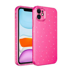 iPhone 11 Kılıf Kamera Korumalı Simli Lüks Koton Kapak Pembe Koyu
