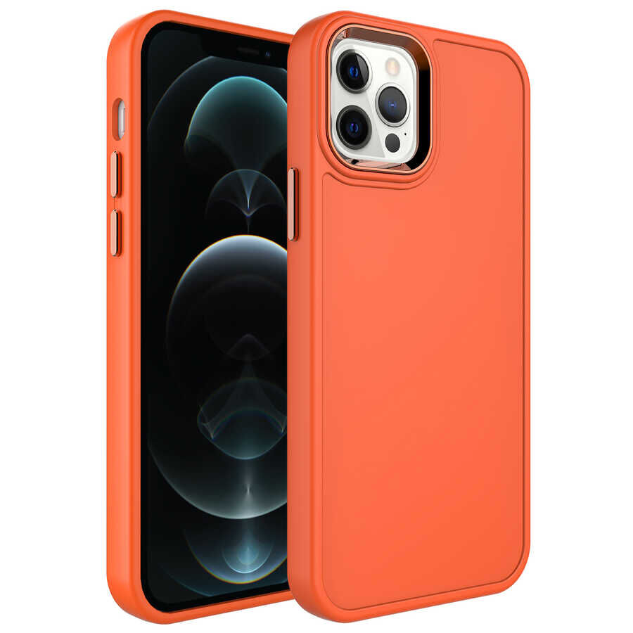 iPhone 12 Pro Max Kılıf Metal Çerçeve ve Buton Tasarımlı Sert Botox Kapak Turuncu