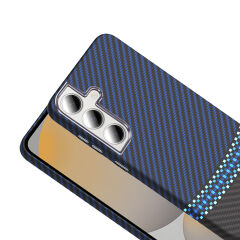 Samsung Galaxy S24 FE Kılıf Kablosuz Şarj Özellikli Karbon Fiber Görünümlü Gros Kapak Lacivert