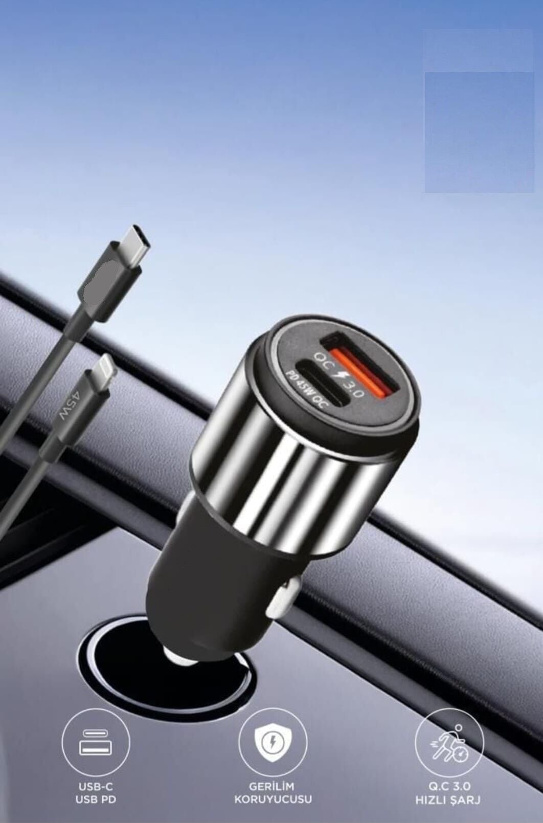 Araç Şarj Başlık 45w Hızlı Şarj Çift Girişli Lightnıng Usb  Araç Şarj Başlık Ultra Hızlı