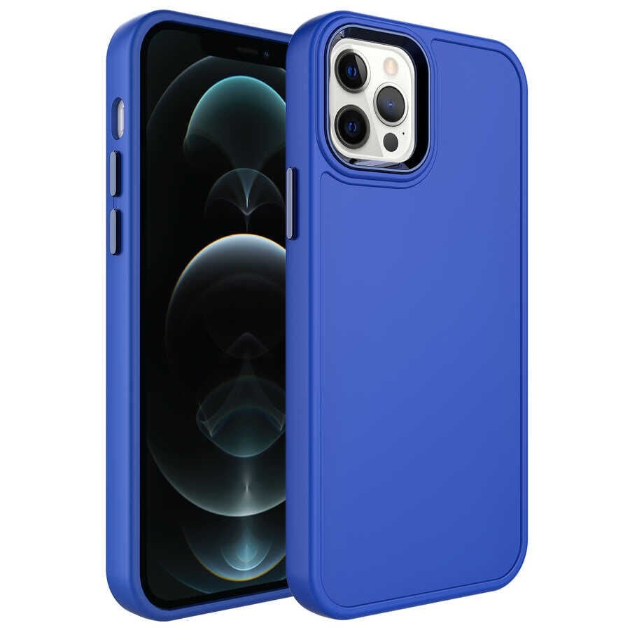iPhone 12 Pro Max Kılıf Metal Çerçeve ve Buton Tasarımlı Sert Botox Kapak Saks Mavi