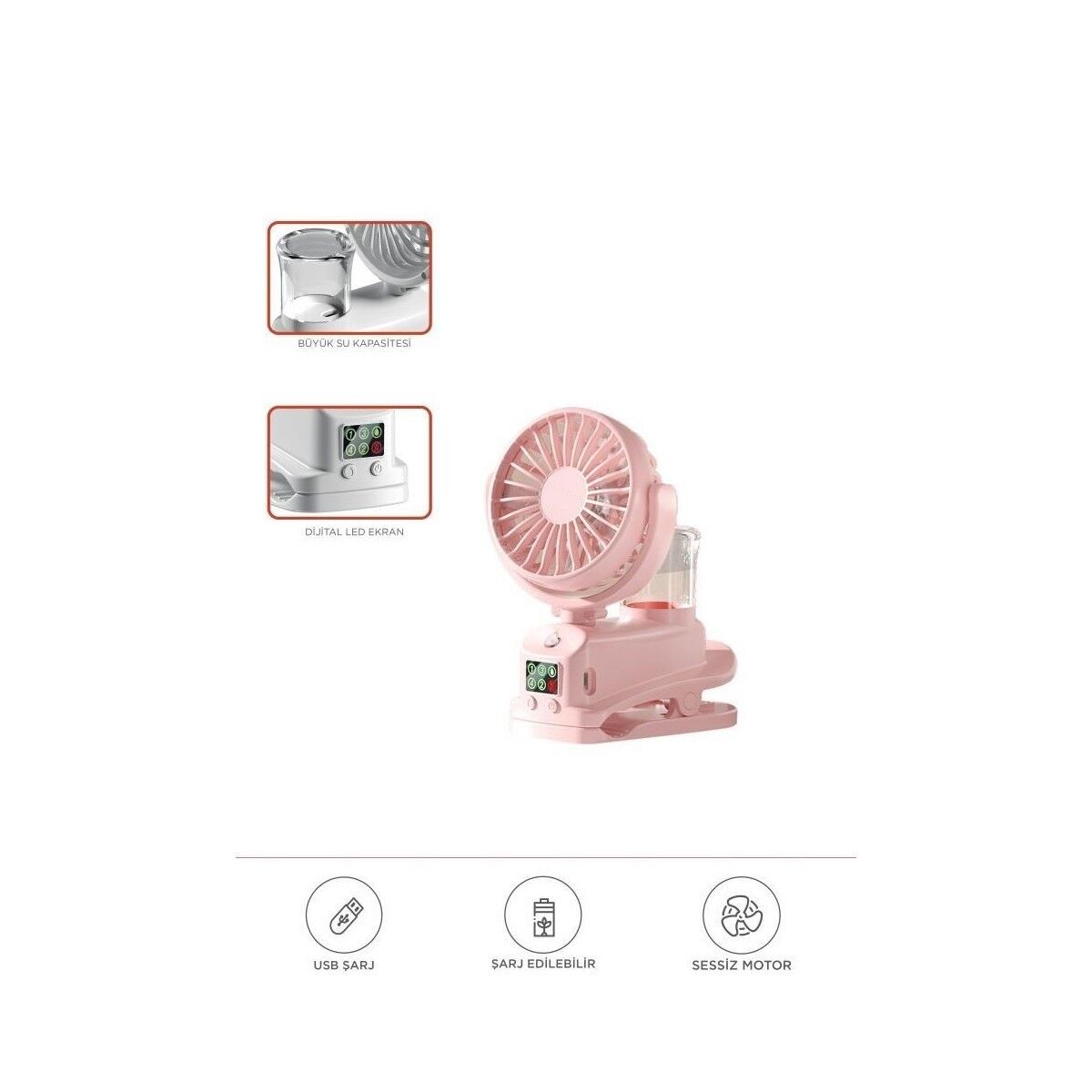 Dijital Ekranlı Şarjlı Hava Nemlendirici Mini Masa Fan Vantilatör Pembe