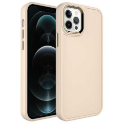 iPhone 12 Pro Max Kılıf Metal Çerçeve ve Buton Tasarımlı Sert Botox Kapak Krem