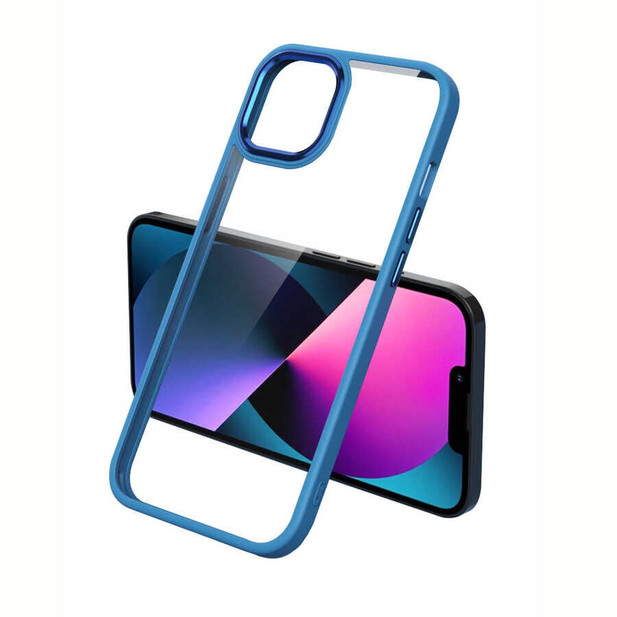 iPhone 13 Pro Kılıf Renkli Silikon Kenarlı Krom Kapak Mavi