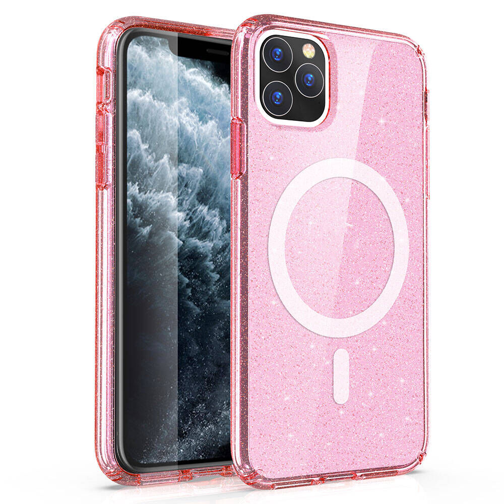 iPhone 11 Kılıf Magsafe Şarj Özellikli Parlayan Simli Saydam Renkli Allstar Kapak Pembe
