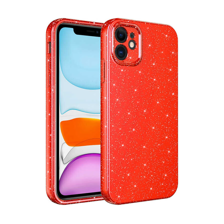 iPhone 11 Kılıf Kamera Korumalı Simli Lüks Koton Kapak Kırmızı