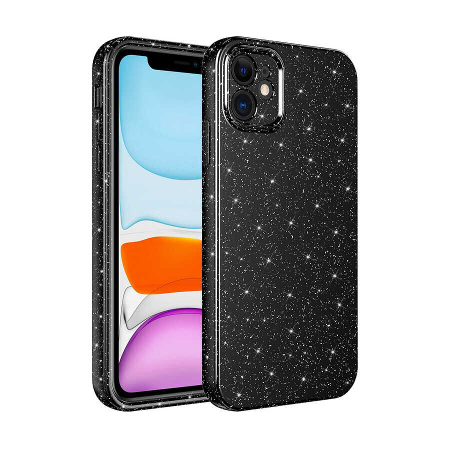 iPhone 11 Kılıf Kamera Korumalı Simli Lüks Koton Kapak Siyah