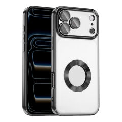iPhone 17 Pro Max Kılıf Logo Gösteren Parlak Kenarlı Kamera Lens Korumalı Şeffaf Omega Silikon Kapak