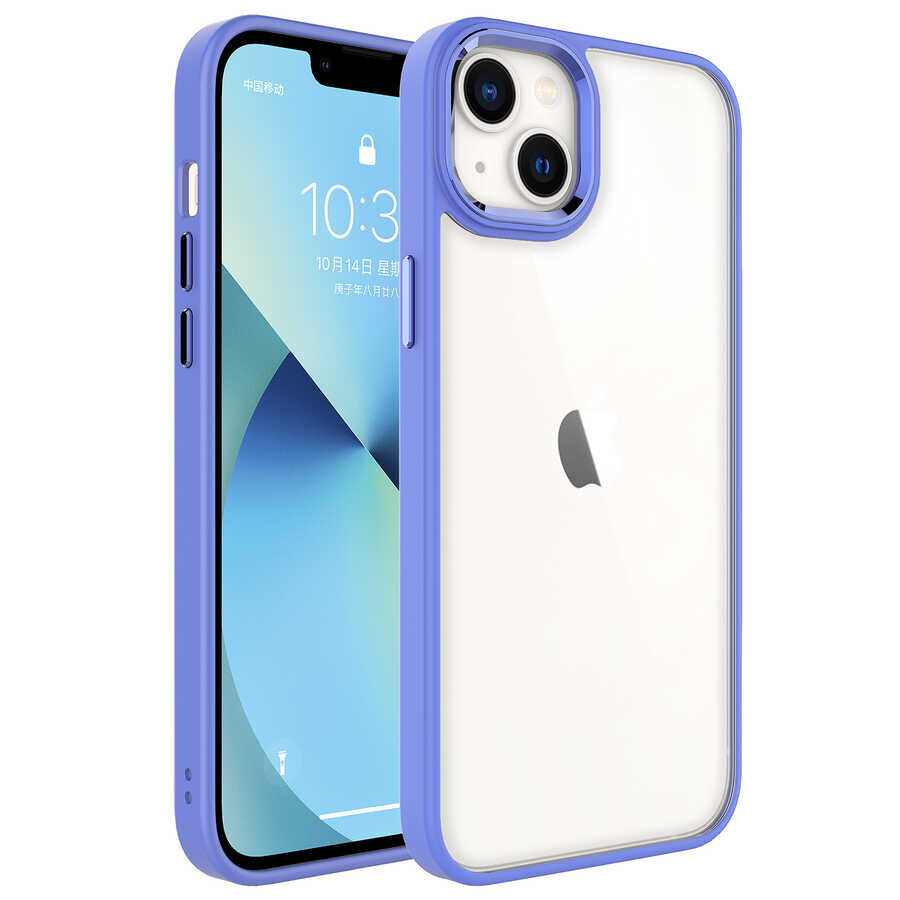 iPhone 14 Kılıf Renkli Silikon Kenarlı Krom Kapak Lavendery Gray