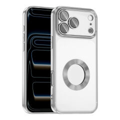 iPhone 17 Pro Max Kılıf Logo Gösteren Parlak Kenarlı Kamera Lens Korumalı Şeffaf Omega Silikon Kapak Gümüş