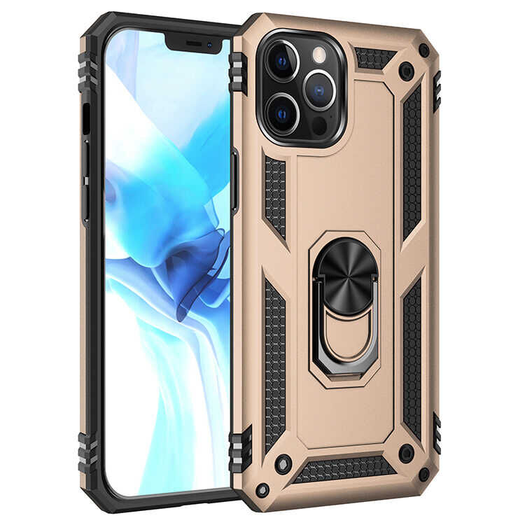 iPhone 12 Pro Kılıf Vega Tank Sert Yüzüklü Standlı Zırh Koruma Kapak Gold